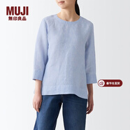 MUJI MUJI 女式 亞麻水洗 七分袖罩衫 T恤 亞麻上衣 BCA25C2S 煙熏藍色條紋 L(165/88A)