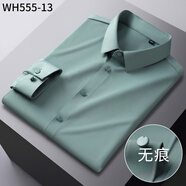 花花公子（PLAYBOY）男士長(cháng)袖白襯衫高端商務(wù)職業(yè)冰絲無(wú)痕免燙抗皺襯衣修身正裝男 軍綠 38 【建議100-115斤】