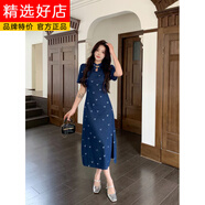 花花公子（PLAYBOY）2025新款大碼胖mm新中式改良溫婉少女夏季牛仔旗袍連衣裙開(kāi)叉高腰 藍色-旗艦款 3XL 【建議160-180斤】