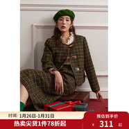 獨束大碼女裝復古格紋小香風(fēng)套裝女冬季微胖mm毛呢外套A字半身裙 外套 3XL