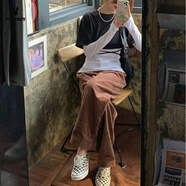 花花公子（PLAYBOY）秋冬燈芯絨休閑闊腳褲女加絨加厚高腰直筒垂感顯高百搭外穿長(cháng)褲子 官方旗艦深棕色(不加絨 M 建議95-108斤