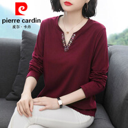 皮爾卡丹（pierre cardin）春秋裝新款長(cháng)袖t恤女韓版寬松大碼女裝上衣中年媽媽休閑打底衫女 紅色 XL 120-140斤