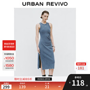 UR夏季新款女裝潮流高街字母U領(lǐng)修身收褶連衣裙UWJ740024 灰藍 S