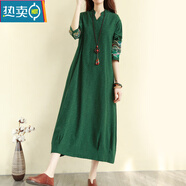 夏典素訂女王（SE.PSTP）復古民族風(fēng)棉麻連衣裙秋冬長(cháng)款過(guò)膝文藝刺繡氣質(zhì)長(cháng)裙子寬松森女系 綠色 M