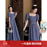 茵曼（INMAN）章若楠同款法式方領(lǐng)格紋連衣裙2026夏季新品女裝泡泡袖裙子 藏青藍 63.1%棉 M