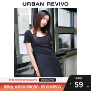 UR夏季新款女裝時(shí)尚撞色褶皺收腰修身圓領(lǐng)連衣裙UWU740043 正黑 M