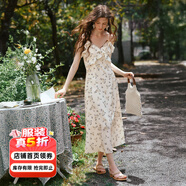 Olrain【5折】吊帶碎花連衣裙夏季女裝浪漫優(yōu)雅長(cháng)裙子度假沙灘裙 杏花色 XL