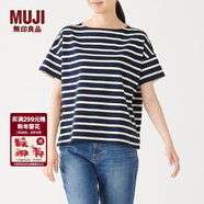 MUJI MUJI 女式 粗棉線(xiàn) 天竺編織 一字領(lǐng)寬版T恤 W9AB182 海軍藍X圖案 XS-S