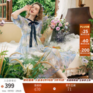 兩三事梵高法式油畫(huà)仙女裙海邊度假連衣裙夏季短袖裙子女沉醉入夢(mèng) 藍色-y L