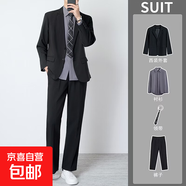 秋季商務(wù)正裝黑色西服套裝男輕熟風(fēng)墊肩休閑高級感職業(yè)西裝外套男 黑西服+深灰襯衫+LD08領(lǐng)帶+西褲 S