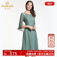 喬萬(wàn)尼連衣裙秋裝女新款韓版中長(cháng)款修身蕾絲鏤空a字裙 綠色 S