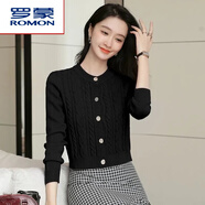羅蒙（ROMON）短款針織開(kāi)衫女士秋冬新款高腰修身羊毛衫圓領(lǐng)長(cháng)袖加厚毛衣外套女 黑色 M (建議90-100斤)