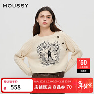 moussy2025早秋新品暗黑哥特圖案短款針織衫毛衣女028IAZ70-1019 013象牙色 均碼