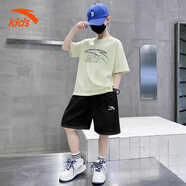 安踏兒童夏季冰絲速干套裝男中大童短袖短褲2件套女孩青少年運動(dòng)衣服 淺玉色~基礎黑 【旋鋒易去污】 130 cm