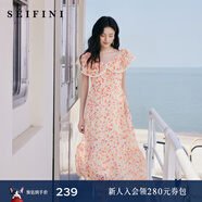 詩(shī)凡黎（‘S EIFINI）【灼灼桃花】詩(shī)凡黎粉色碎花軟感荷葉邊吊帶裙娃娃領(lǐng)海邊度假裙女 粉色荷葉領(lǐng) M 160/84A