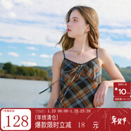 三彩【宋軼同款】2025秋款格紋網(wǎng)紗吊帶裙無(wú)袖連衣裙系帶長(cháng)裙M 磚紅色格紋 S 155/80A