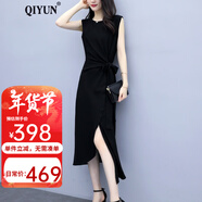 QIYUN 黑色雪紡連衣裙新款夏裝氣質(zhì)名媛無(wú)袖收腰顯瘦流行裙子 黑色 XL