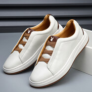 花花公子（PLAYBOY）男鞋2026秋季新款真皮板鞋男款小白鞋休閑鞋一腳蹬男鞋潮 9130白色 38  （240）標準皮鞋碼數