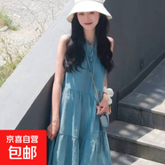 夏新款棉麻ins純色無(wú)袖裙法式綁帶顯瘦度假風(fēng)長(cháng)裙韓版寬松連衣裙 藍色長(cháng)裙 2XL 建議140-160斤