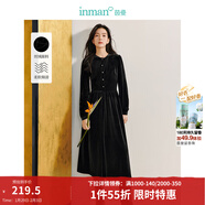 茵曼（INMAN）氣質(zhì)絲絨燈籠袖連衣裙2024冬季女裝新品貓眼紐扣長(cháng)袖顯瘦長(cháng)裙 黑色 L