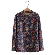 夏典素訂女王（SE.PSTP）休閑襯衫女春裝新款印花民族風(fēng)長(cháng)袖打底衫大碼女裝中老年洋氣媽媽 藍色加絨 一體絨 XL 建議90-110斤