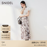 SNIDEL秋冬氣質(zhì)淑女高腰拼接百褶印花長(cháng)款雪紡半身裙SWFS234212 淺米色 M (1)