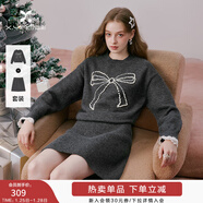 香影灰色針織套裝女春2026新款蝴蝶結毛衣短裙新年暖衣一整套穿搭 深灰 S