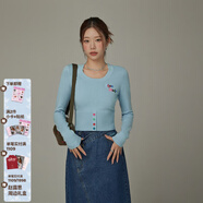 CHUU字母刺繡針織衫女2025秋季新品撞色套頭打底彩虹扣長(cháng)袖毛衣 藍色 均碼