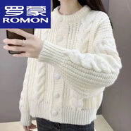 羅蒙（ROMON）羊毛衫女復古秋季短款羊絨毛衣外套冬款圓領(lǐng)寬松加厚粗毛線(xiàn)毛衣 米白【圓領(lǐng)麻花短開(kāi)衫】 M 90-100斤
