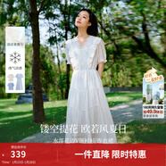 茵曼（INMAN）萊賽爾鏤空蕾絲V領(lǐng)連衣裙2026夏季女裝新品木耳邊短袖裙子 云朵白 M