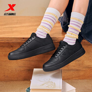 特步板鞋男鞋運動(dòng)鞋空軍一號冬季新款百搭小白鞋耐磨防滑黑色休閑鞋女 黑/黑底【女款】 35