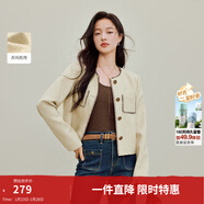 茵曼2025冬季女裝新款法式通勤小香風(fēng)短外套休閑撞色顯瘦寬松上衣  杏黃色 XL