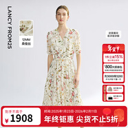 朗姿桑蠶絲v領(lǐng)高腰a字碎花裙2025年夏季新款高級感氣質(zhì)中長(cháng)連衣裙 米白色 M