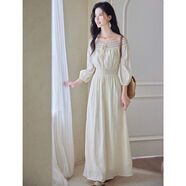 星落度假風(fēng)鏤空邊一字肩天絲洋裝2025新款長(cháng)裙 杏色預售 M M