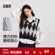 森馬（Semir）長(cháng)袖襯衫女冬季菱形格V領(lǐng)短背心易打理襯衣俏皮學(xué)院風(fēng)兩件套 藍紅色調00386 L
