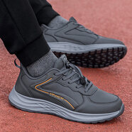 足力健大師男士春秋皮革防水老人鞋軟底步行 8278男款深灰色 38 _收藏加購贈送襪子