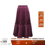 兩三事絲絨半身裙春季女黑色百褶裙裙子復古半裙長(cháng)裙 開(kāi)心自轉體 酒紅色 厚款 S