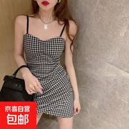 修身性感不規則V領(lǐng)吊帶千鳥(niǎo)格連衣裙女時(shí)尚潮流顯胸包臀短裙夏季 圖片色 S