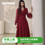 ROEYSHOUSE羅衣復古燈籠袖雪紡連衣裙女早春時(shí)髦宴會(huì )褶皺V領(lǐng)紅色中長(cháng)裙13288 紅色 L