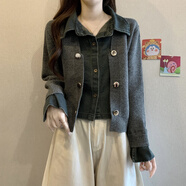 ADTNM復古牛仔拼接針織開(kāi)衫外套女2026秋季大碼胖mm顯瘦假兩件短款上衣 【版】灰色【韓系上衣日韓風(fēng)格/歐洲站/新款流行上衣/ M 【90-100斤】