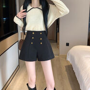 大碼毛呢短褲秋冬高腰寬松顯瘦外穿遮肚休閑a字闊腿短褲打底靴褲 黑色 3XL 3XL