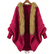 2025春秋冬時(shí)尚新款歐美蝙蝠衫寬松大碼毛衣針織衫系帶開(kāi)衫毛領(lǐng)女 深紅色 均碼