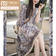 莫代爾2026新款夏季寬松顯瘦韓版復古民族風(fēng)中長(cháng)款氣質(zhì)v領(lǐng)碎花連衣裙 暮染煙嵐旗艦款 S