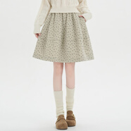 當季毛呢碎花短裙女秋冬中裙小個(gè)子松緊腰高腰顯瘦休閑a字蓬 杏色 S