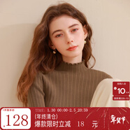 三彩冬款純色坑條針織衫木耳邊半高領(lǐng)修身打底內搭簡(jiǎn)約女 咖啡色 S