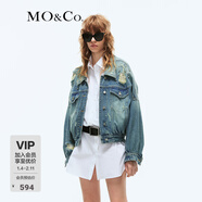 MO&Co.牛仔外套春秋土耳其棉寬松廓形手縫鉆飾破洞蝙蝠袖藍色摩安珂 牛仔藍色 XS 155