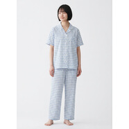 無(wú)印純棉雙層紗睡衣睡褲套裝男女春夏季高級感棉紗短袖長(cháng)褲居服 淺藍格短袖長(cháng)褲女士套裝 M 碼(女款適合90-110斤/男款適合115-135斤)