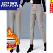 羅蒙（ROMON）毛呢褲子女秋冬加絨加厚人字紋高腰直筒休閑呢子小腳西褲哈倫褲 卡其色加.絨A08款 一顆紐扣 S 1尺9/80-90斤