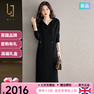 OLJ高檔品牌連衣裙女2025年秋冬新款純色寬松腰連帽一步長(cháng)袖針織裙子 黑色 XL