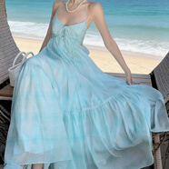 樂(lè )卡利露背掛脖吊帶連衣裙女長(cháng)裙子法式蝴蝶結仙女裙薄荷綠性感海邊度假 露背仙女裙【藍L  120內】